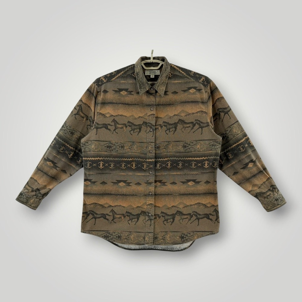 Cabela's Mens XL Brown Horse Print Flannel Western Ranch‎ Cotton Shirt
